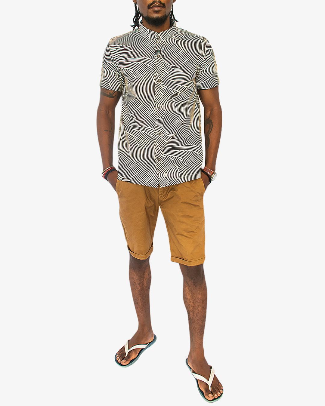 Light Brown Band Collar Short Sleeve Kitenge Shirt